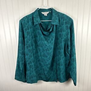 Vintage Blouse Paula Saker Women's 12 Peacock Green (?) Button Front 100% SILK
